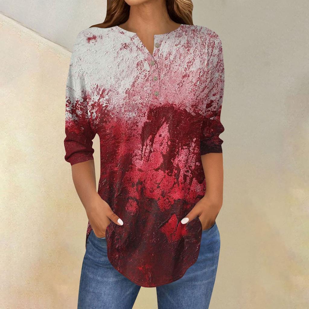 Women's Fashion Loose Button Collar Halloween Print Long Sleeve T-Shirt Top Pullover