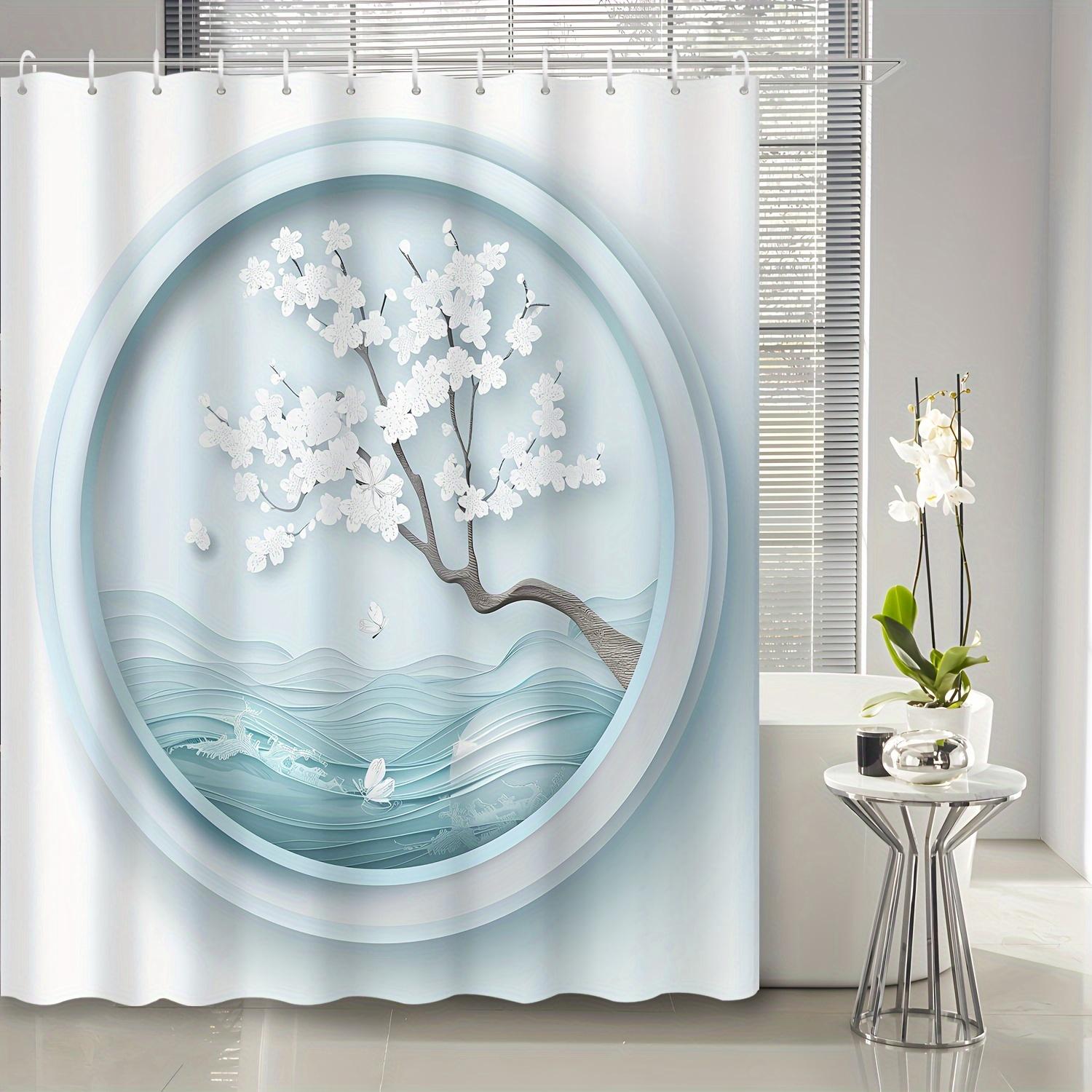 

1Pc Classical Round Decoration White Floral Branch Sea Scenery Shower Curtain, Bathroom Decoration, Including Shower Curtain And W60H190(CM)-1 Pcs