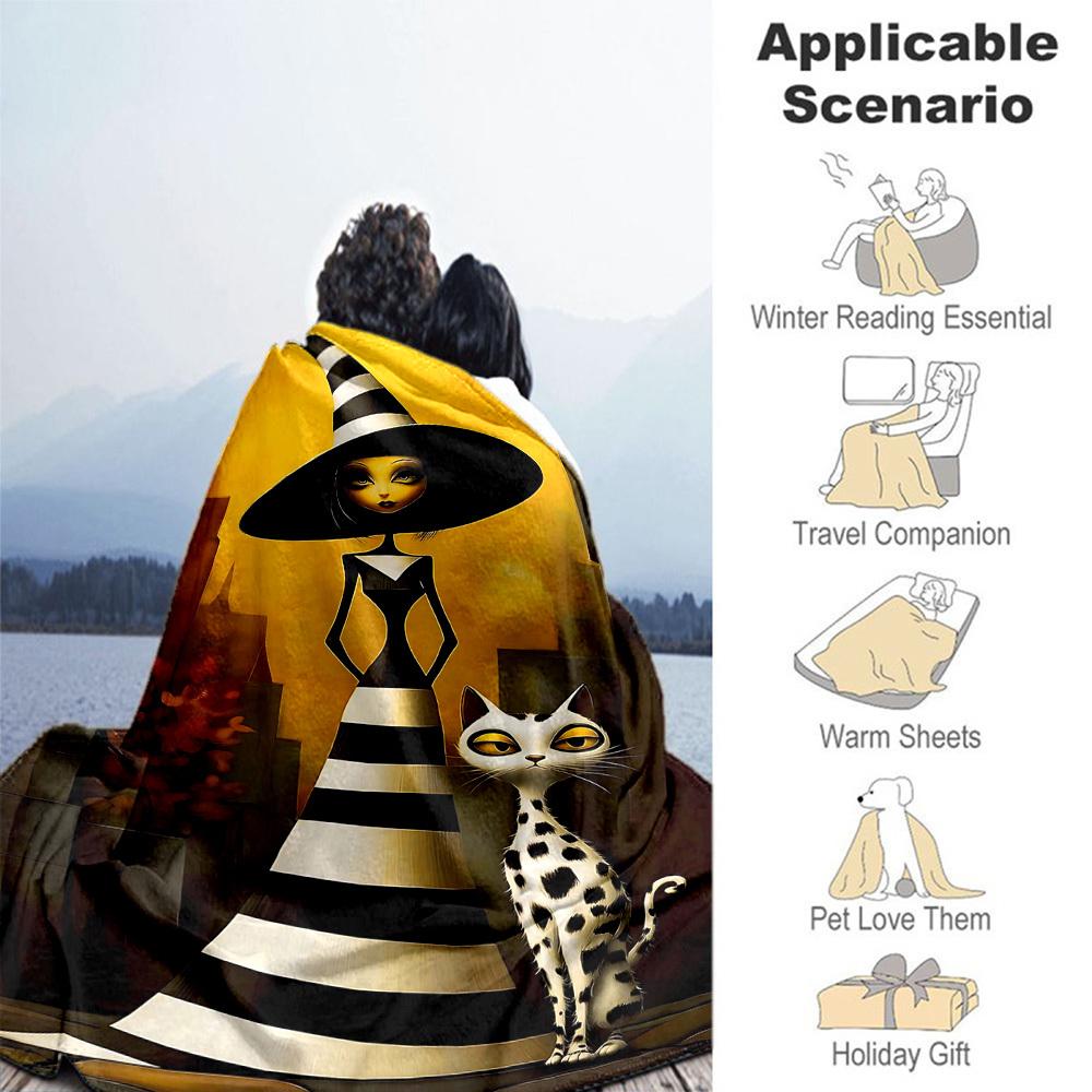 1pc witch, cat Outdoor Flannel Blanket Soft Warm All-Season Throw for Sofa Bed Car Camping Office, Cozy Gift Idea1148S