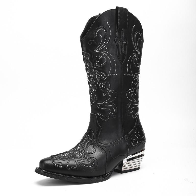 Fashion Women's Fad Embroidery Cowboy Boots Women Thick Heel Retro Pointed Knight Boot Mid European and American Length Boot Botas Mujer