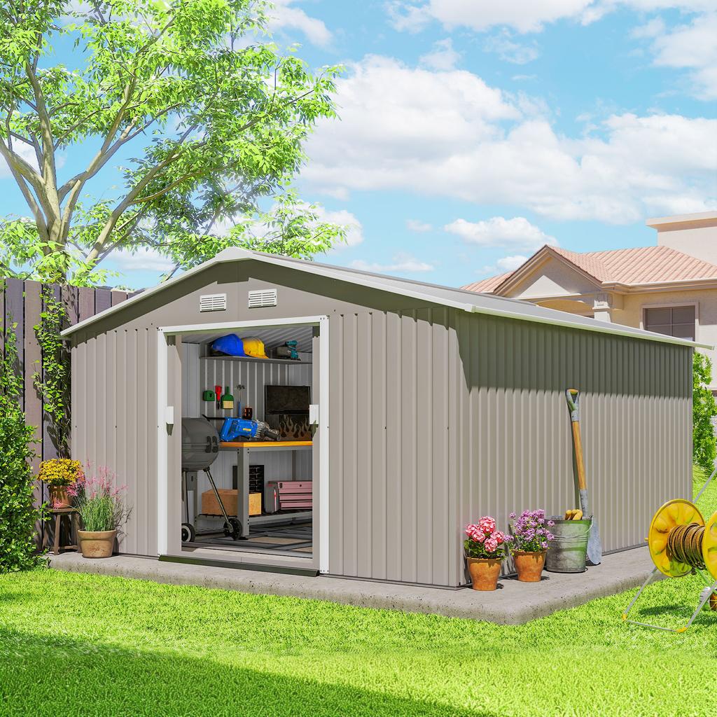 13 x 11 pés Galpão de Armazenamento de Metal para Jardim Galpão de Armazenamento Externo com Kit de Fundação Ventilação e Portas, Cinza Claro