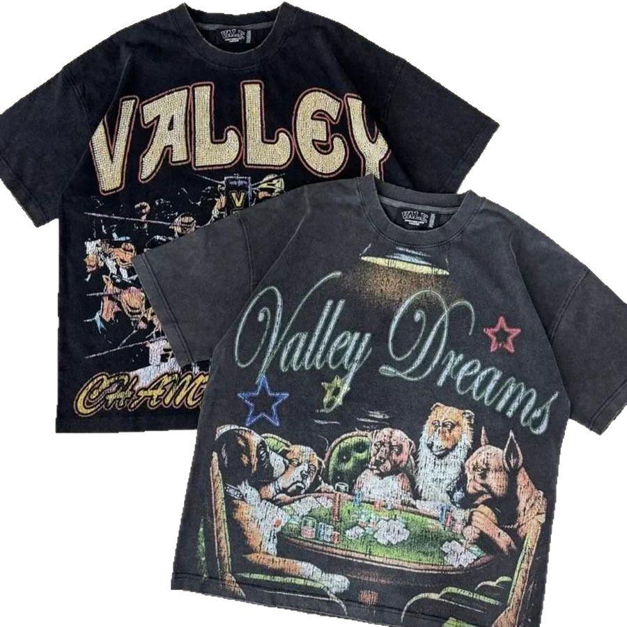 T-shirt Oversize Streetwear Retrò Americana con Stampa Scura e Effetto Usurato