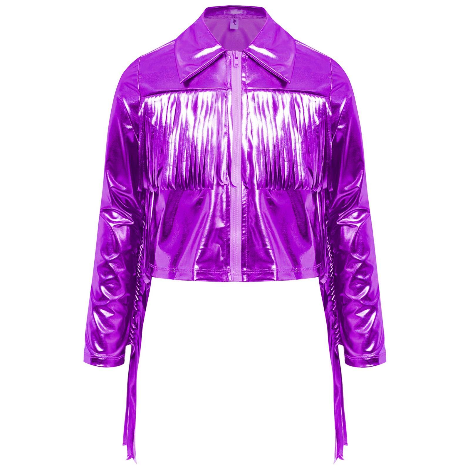 

Girls Shiny Jacket Metallic Tassel Detail Turn Down Collar Long Sleeve Zipper Dance Party Top
