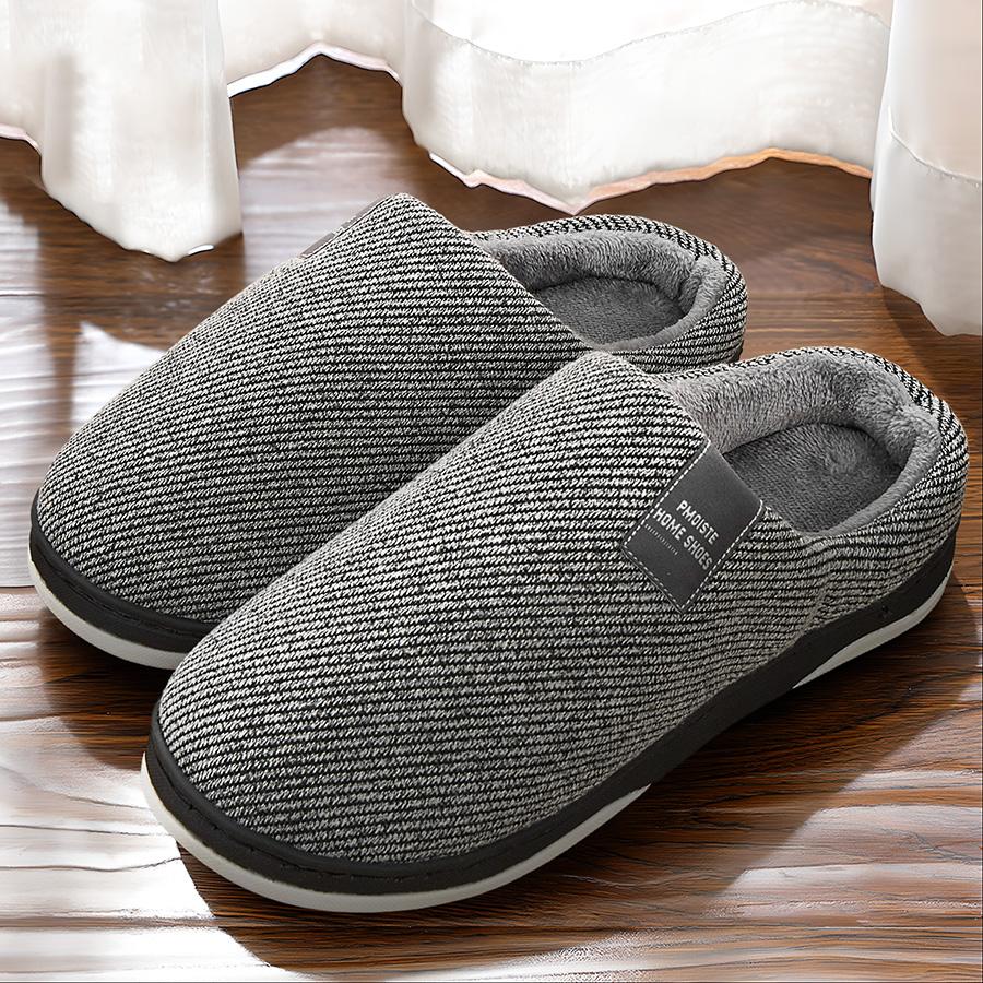 Men's Home Slippers 2024 Winter Warm Fuzzy Lined Male House Shoes Stripe Soft Memory Foam Non-slip Indoor Slipper Man Plus Size