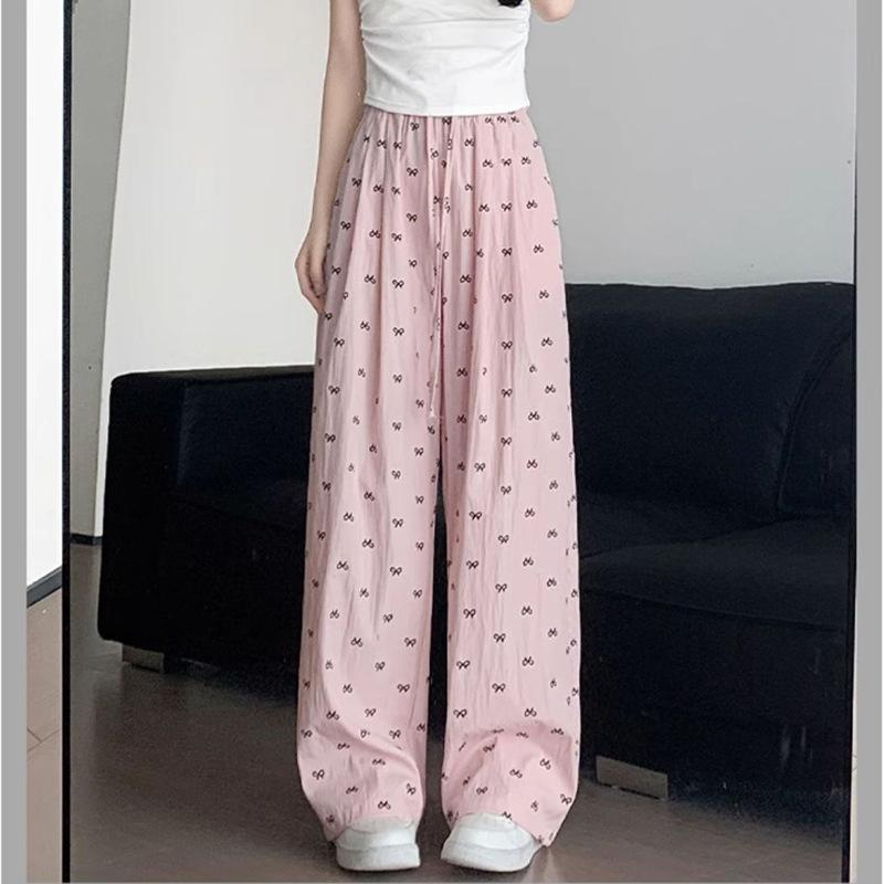Women's Pants Elastic Waist Printed Tie Straight Draped Casual Pants Long Trousers