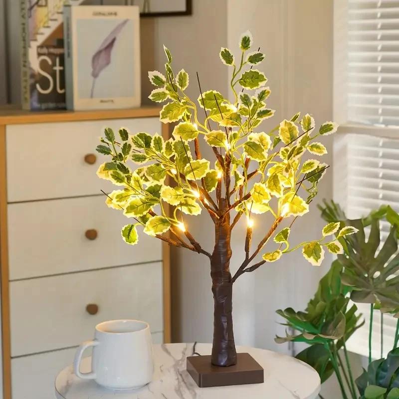 24 Led Green Leaf Artificial Birch Light, Tabletop Bonsai Tree Night Light For Home Room Christmas Tree Lamp Holiday Decoration