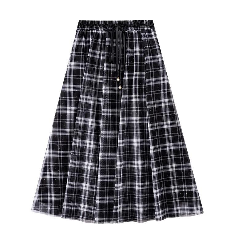Women's High Waist Retro Plaid Mesh Midi Skirt - Spring/Summer 2025 Collection