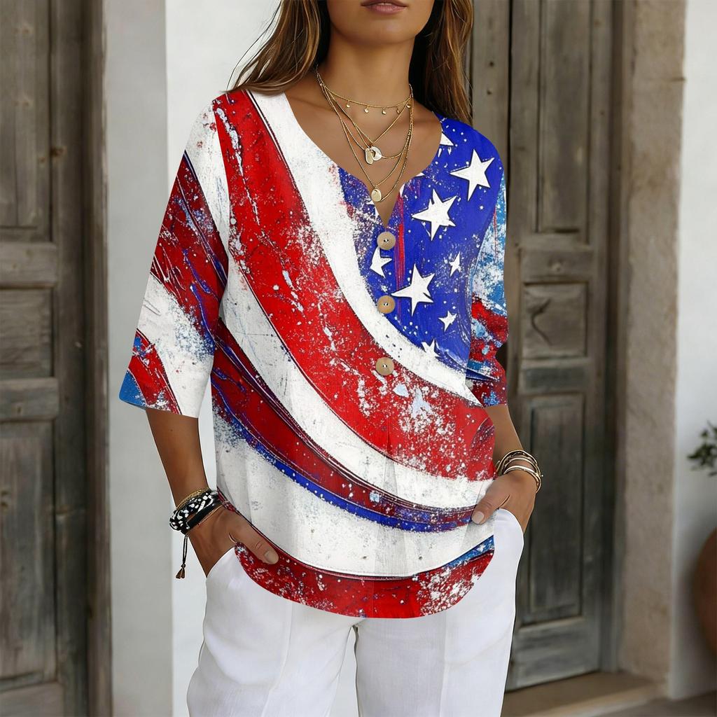 Women's V-Neck Button Three-Quarter Sleeve Casual Independence Day Print Pullover T-Shirt