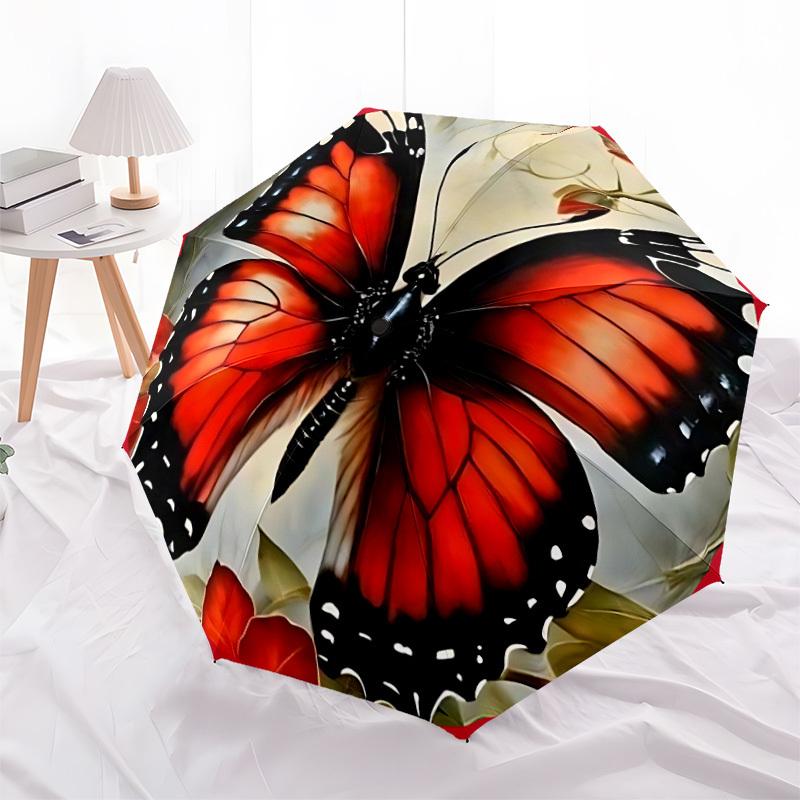 1PC Butterfly Floral Pattern Automatic Open/close Umbrella with 8-Rib Structure for Women/Men, All-Season Use - Travel Essential, Stylish Accessory, H