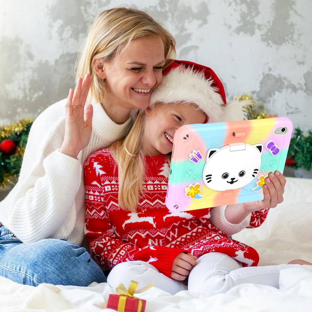 For iPad (2025)/iPad 10.9 (2022) Case PC + Silicone Colorful Tablet Cover with Cat Kickstand/Shoulder Strap