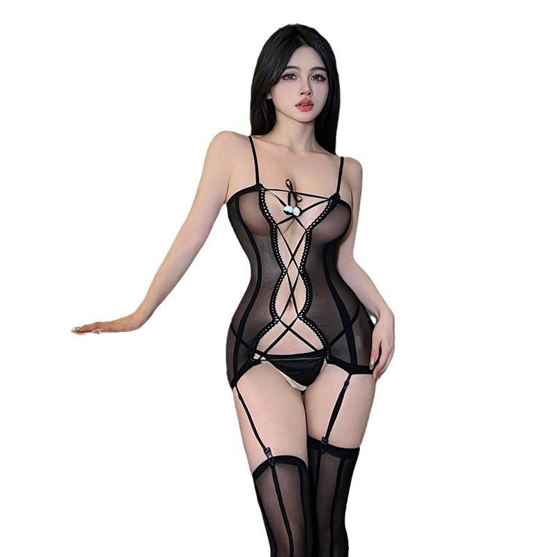 Sex underwear open crotch one-piece netwear cross strap hollow sex net coat large size passion set free