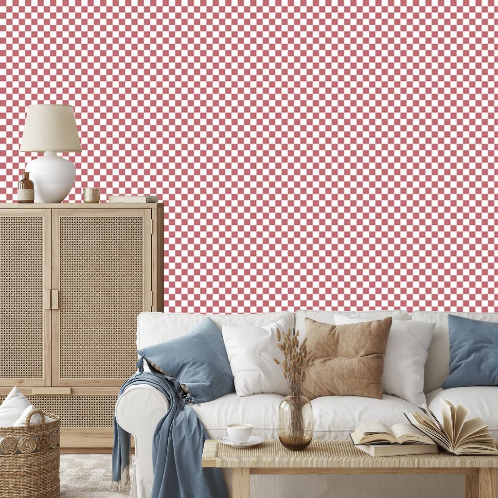 Checkerboard wallpaper coral and white, soft shapes 50x1000