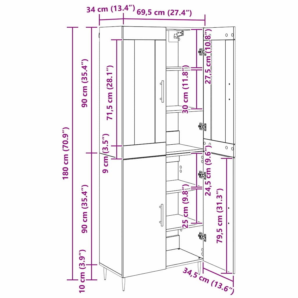 Highboard Reclaimed Wood 69.5 x 34 x 180 cm Particleboard