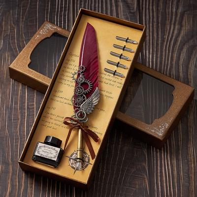 Feather Dip Pen with 5 Nib Set Calligraphy Pen Fountain Pen with Ink Gift Boxed Dipped Ink Pen