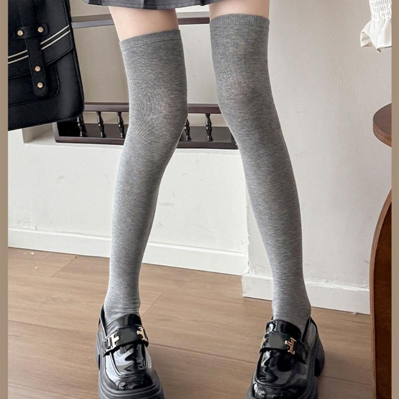 Women Solid Color Ribbed Cuffs Thigh High Stockings Japanese Preppy Students Stretchy Over The Knee Long Boot Socks