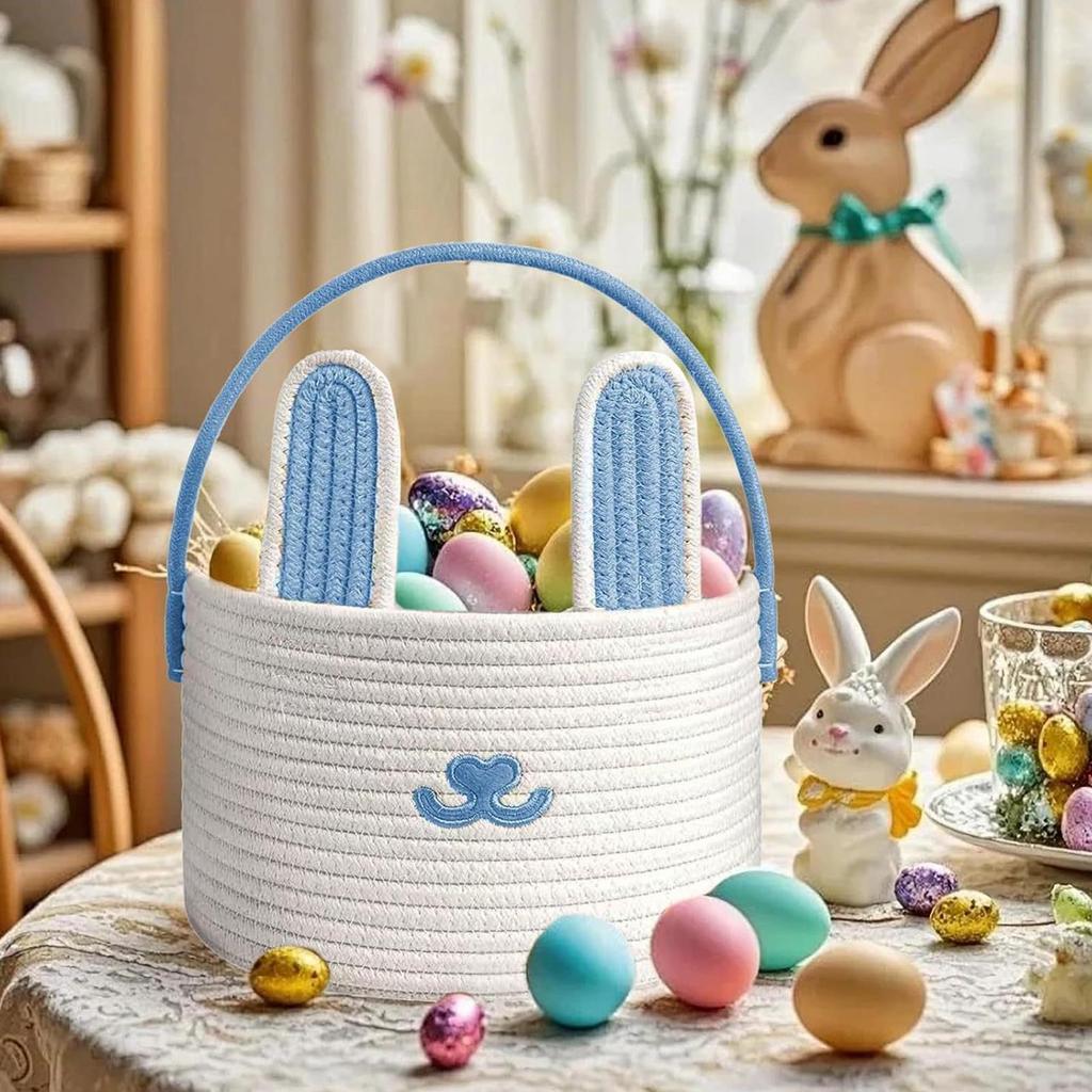 Easter Bunny Storage Basket Woven Cotton Rope Container Handled Bin For Egg Hunt For Boys Girls Candy Toys Snacks Party