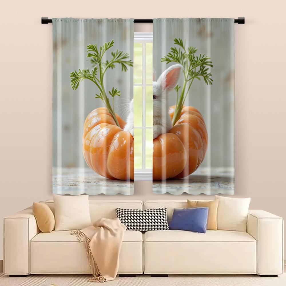 2 Pcs, Filtering Curtains (excluding Rods, Non-movable, Without Batteries) Rabbit Sleeping On Carrots for Use In Bedrooms and