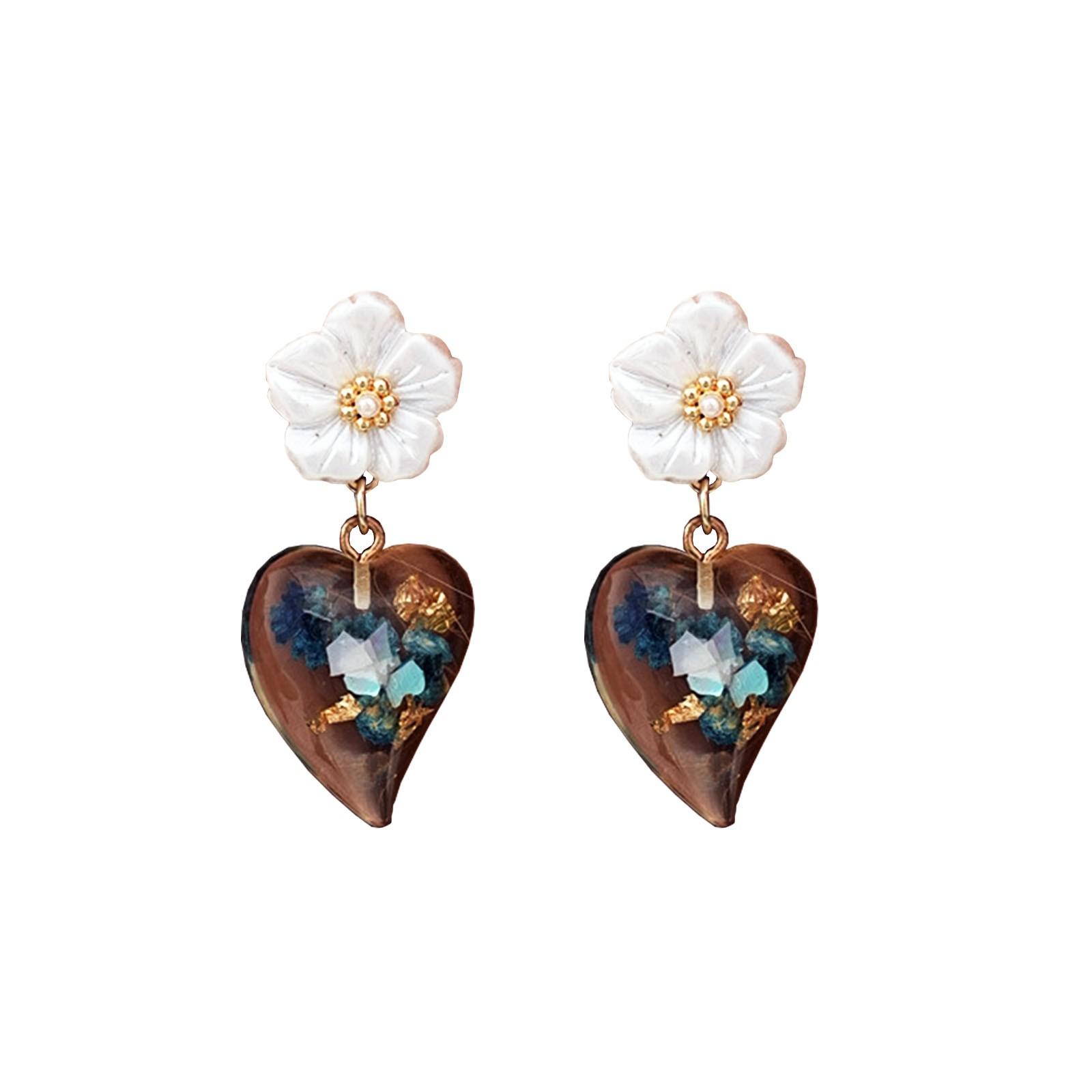 Resin Flower And Heart Earrings  (women) | Earrings Pierced Jewelry | Small Earrings For Women One Size