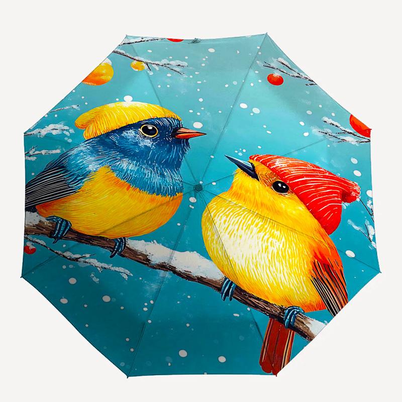 1pc Winter Wonderland Birds Auto-Folding Umbrella, Portable 3-Fold Design with 8-Bone Iron Frame, Perfect for Fans, Travelers, Daily Use, Festive Gift