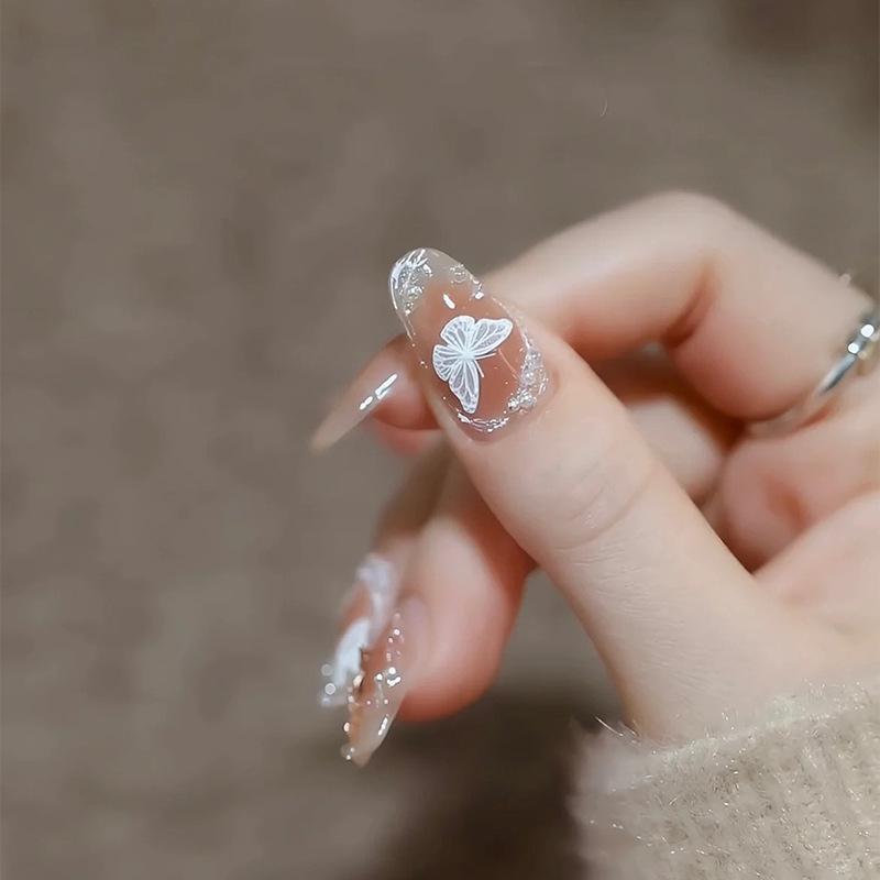 24 Pcs Glittering Press on Nails Tips Art  Pearls Medium Long False Nails With 3D Design For White Butterfly Fake Nails Press On