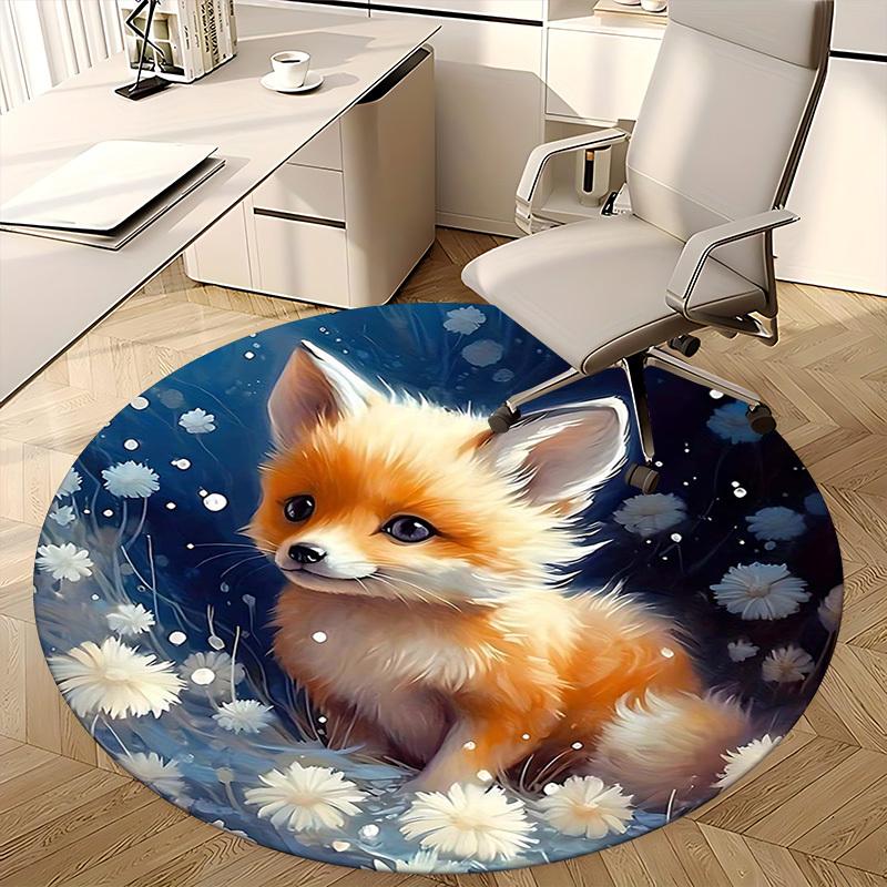 1pc Anime Fox with White Flowers Round Carpet Office Chair Mat, Non Slip Rug for Home Decor, All Seasons