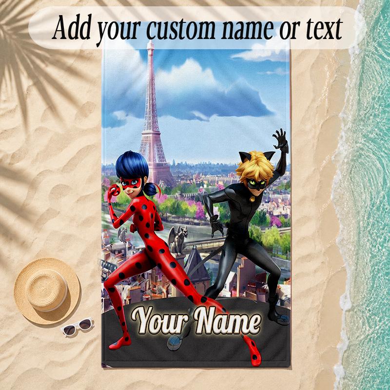 Beach TowelMiraculous Ladybug Custom Name Text Personalized Soft Towel for Beach Pool Indoor Home Decor Gift