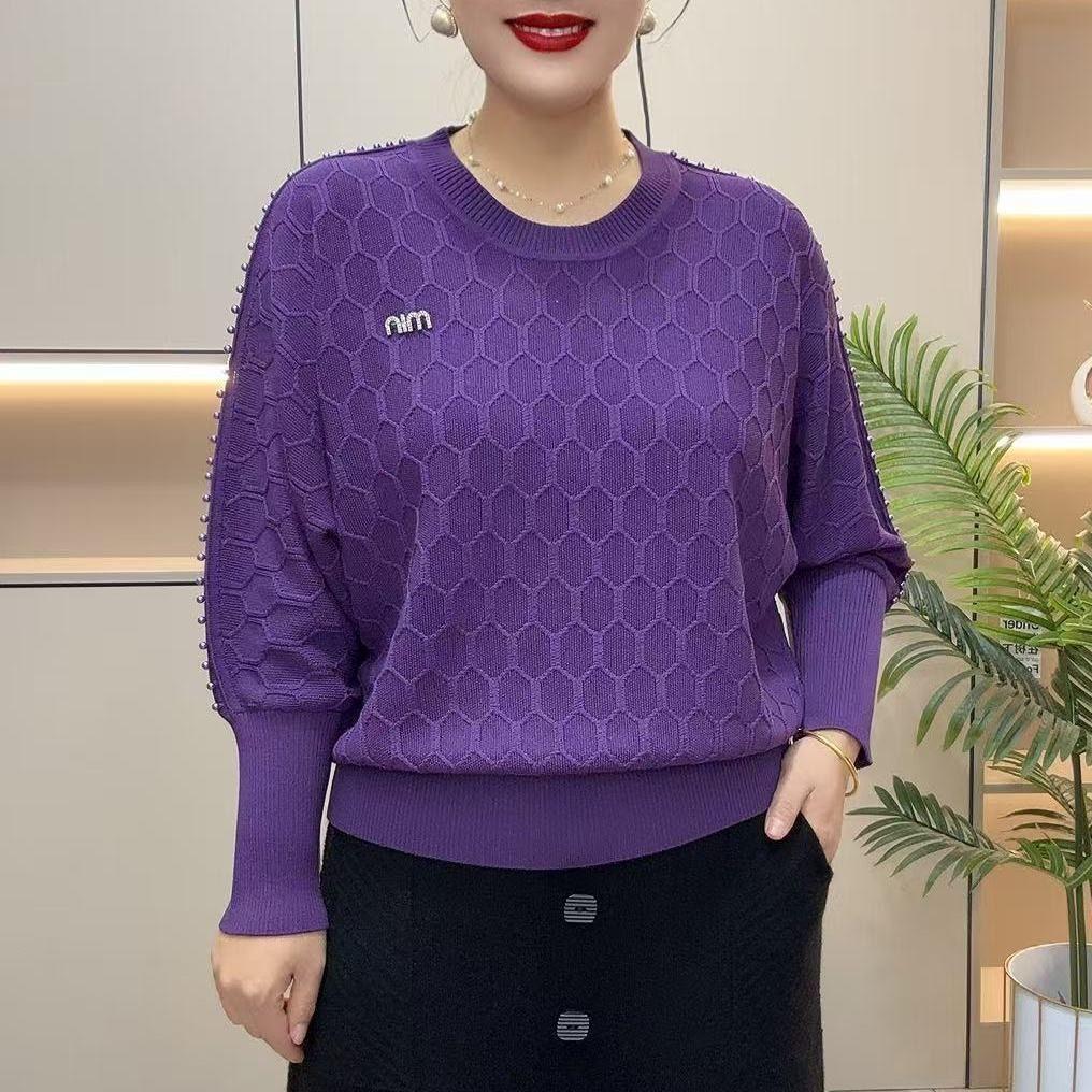 Spring Autumn Women's Plus-Size Sweater Crew Neck Loose Knit Batwing Top Solid Color Soft Knit Pullover Sweater