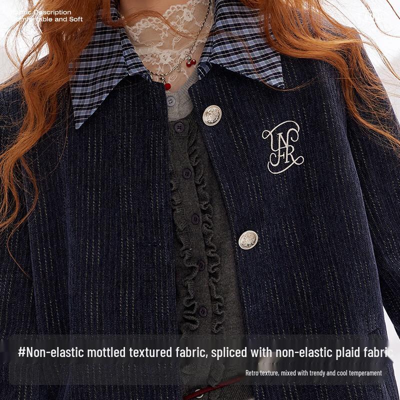 UNIFREE Korean Style Faux Two-Piece Plaid Patchwork Blazer