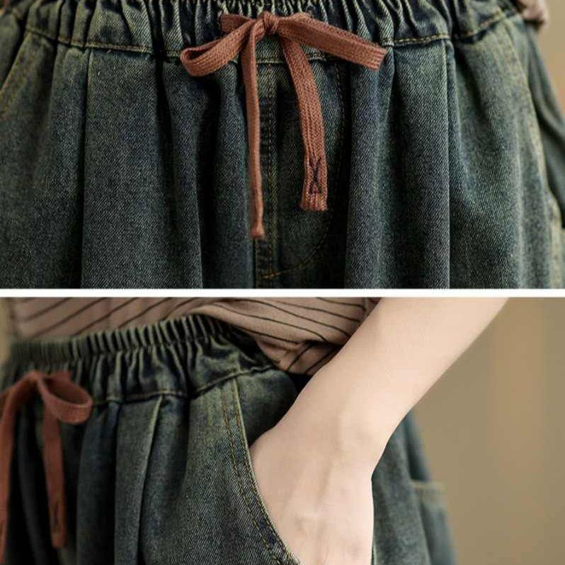 Women's Autumn Elastic Waist Slimming Harem Pants Loose Versatile Nine-Point Pants Retro Plus Size Distressed Denim Jeans