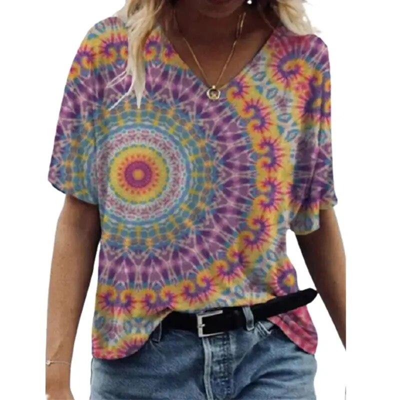 Women's T Shirts V-neck 3d Art Print Tops Loose Short Sleeve Tees Summer Streetwear Fashion Casual  Oversized Female Clothing