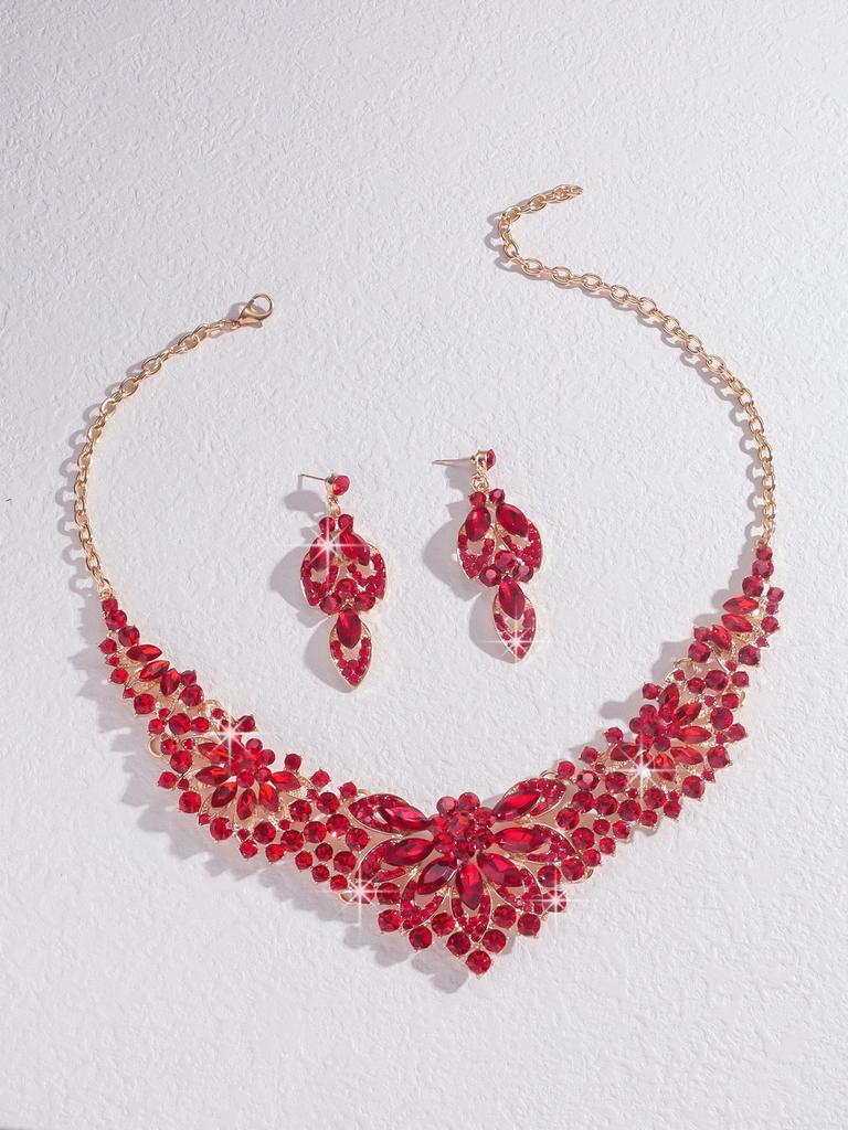 European & American Bridal Crystal Flower Necklace and Earrings Jewelry Set