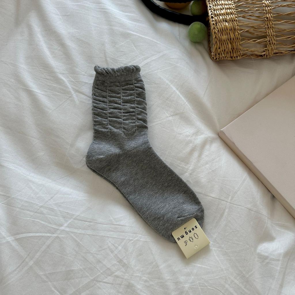 Shirring Lace Socks Mid-Tube Niche Simple Style Spring And Autumn New Product Stack Socks Solid Color Student Socks Casual