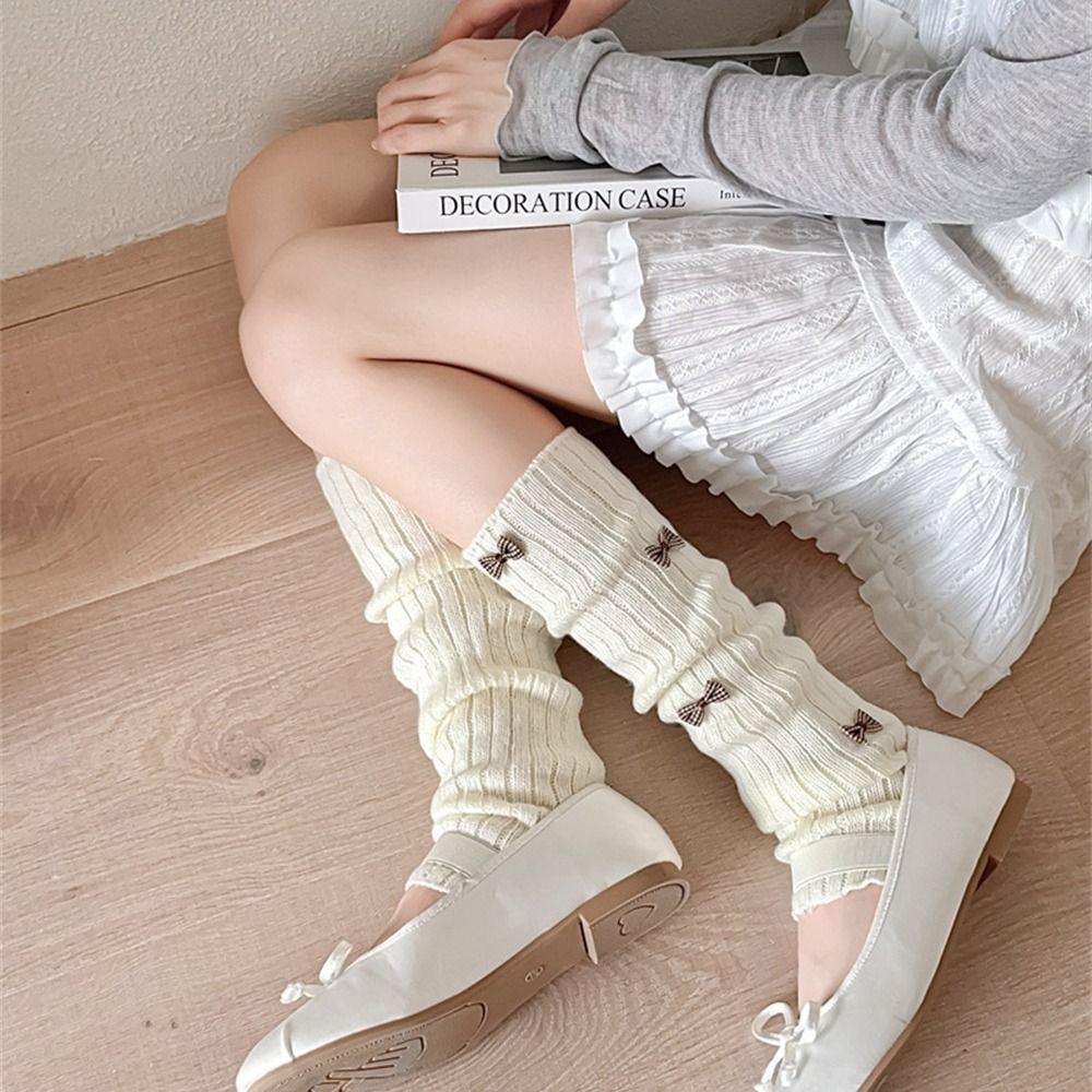 White Knitted Socks Bow Tie Lolita Long Socks Cute Leg Warmer for Women Girls