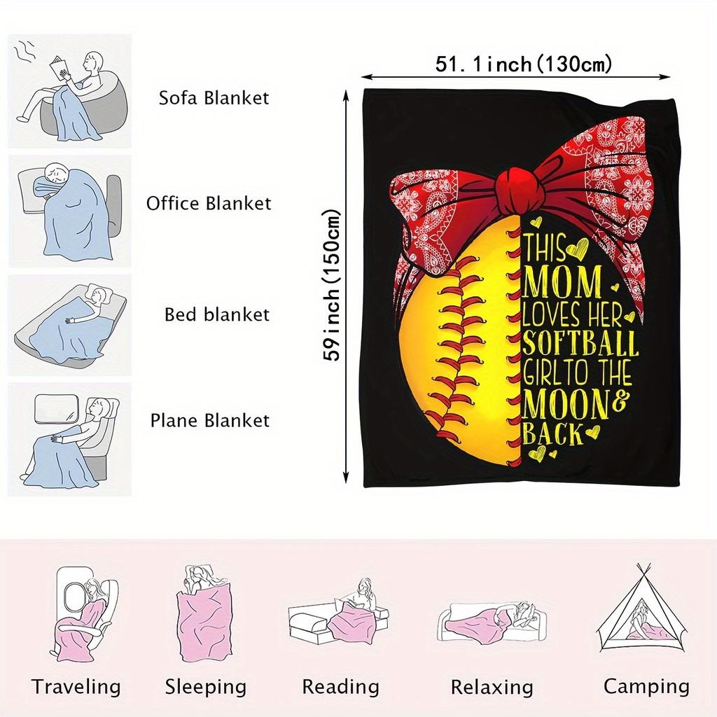 Softball Mom Flannel Blanket-Comfortable Polyester, Retro Style "This Mom Loves Her Softball Girl Blanket Multi-size