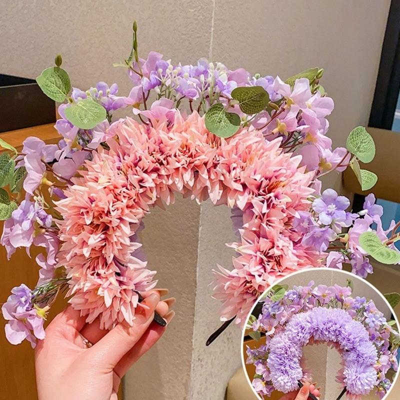 Colorful Flower Headband Double-sided Crown Hair Wreath Wedding Party Costume Headpiece for Bridal Women Hair Accessory