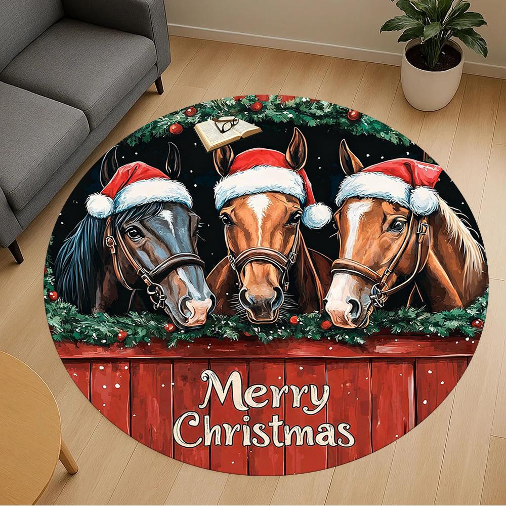1PC Horses Merry Christmas Office Round Area Rug, Under Office Chairs Bedroom Living Room Home Decor, Carpet for Office -1110049
