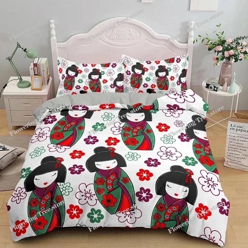 Japanese Doll Duvet Cover King Queen Lucky Cat Fan Bedding Set for Kids Girls Asian Japan Cultural Polyester Quilt Cover