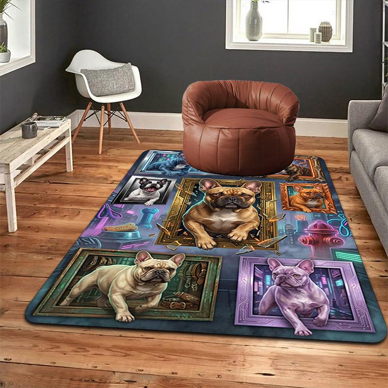 Frenchie Frames Neon Cityscape Pattern Rug Floor Mat for Living Room or Bedroom Soft and Comfortable Carpet a Gift for Birthday and Holiday.