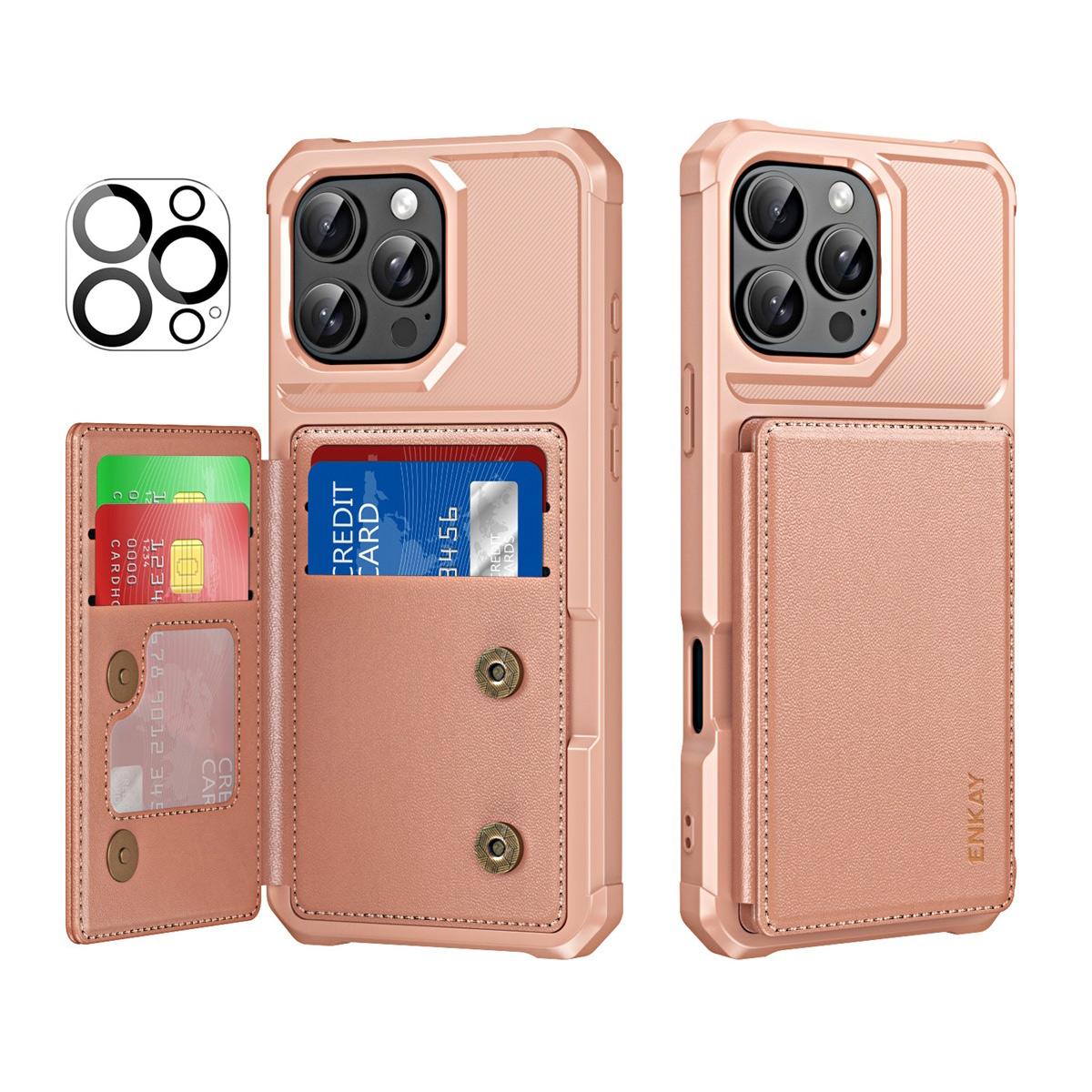 

For iPhone 15 Pro ENKAY Hat-Prince Wallet Card Slot Kickstand PU Leather +TPU Back Phone Cover with Camera Lens Film B