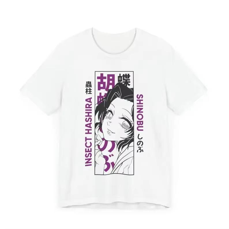 

2026 summer 100 pure cotton Demon Slayer Shinobu Kocho pattern Loose leisure Short Sleeve Tshirt Round NeckTop quality shirt S