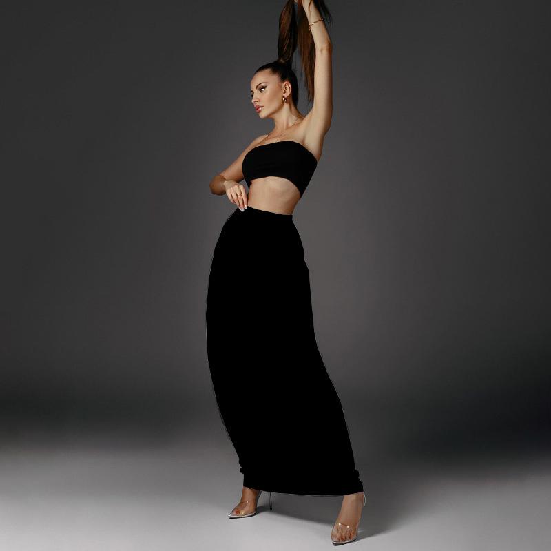 2025 Summer European Two-Piece Set: Solid Bandeau Top & High-Waisted Slim Long Skirt