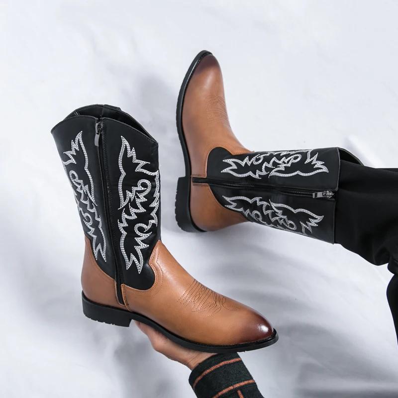 Fashion Men's Luxe British Shoes Cowboy Botas Retro Side Zipper Motorcycle Boots Fashion Walking Shoes Men 2024 New Male Chelsea Boots