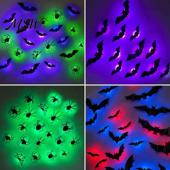 Glowing Spooky Bats for Ghost Festival Lighted 3D Bat/Spiders Wall Stickers Halloween Decor, Removable PVC Spiders Bedroom Decals with LED Lights