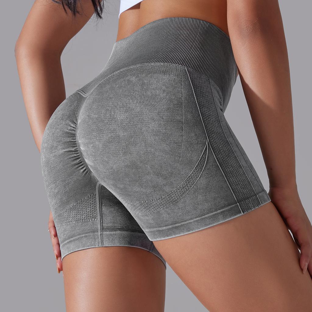 Seamless Water Washed Sports Yoga High Waist And Hip Lifting Shorts Without T-Line, High Elasticity Running Peach Hip Shorts For Women