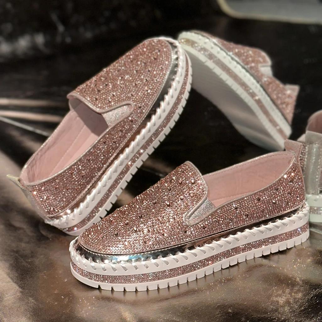 Spring 2026 Casual Fashion Thick Bottom Slip-On Loafers Diamond Embellished Large Size Flat Shoes round Toe Rubber Sole