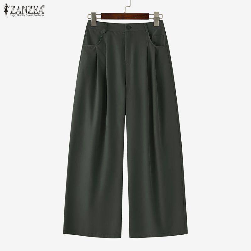 ZANZEA Women High Zip-up Waist Casual Casual Office Wide Leg Pants Trousers Nonelastic