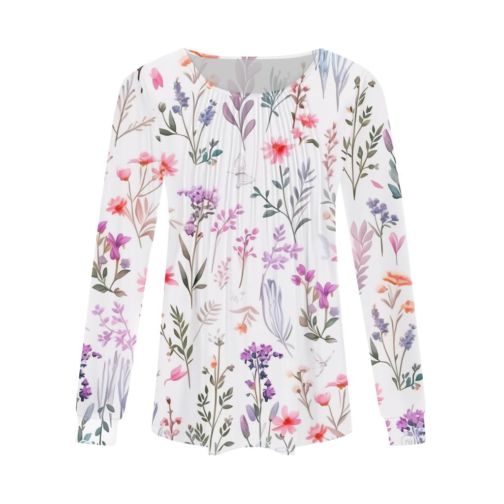 Damenmode Lässig Plissiert Rundhals Vintage Blumendruck Langarm T-Shirt Top