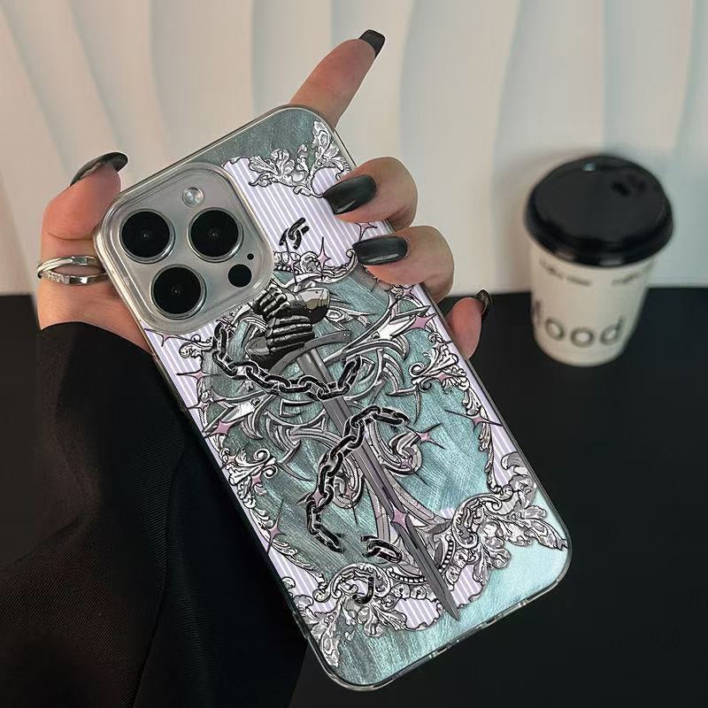 Middle Ages Retro Sword Iron Chain Phone Case For iPhone 17 16 15 14 13 12 11ProMax XR XS MAX 78PLUS INS Shake Proof Laser Cover