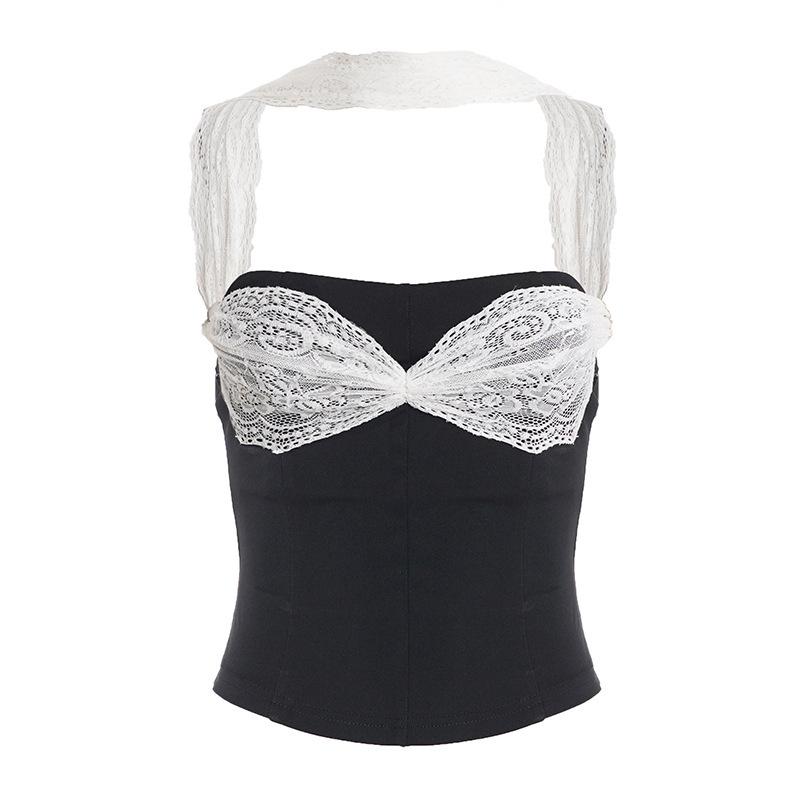 Elegant Summer 2026 French Lace Halter Top: Strapless, Color Block Design Small