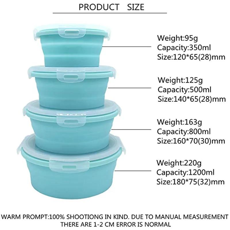 

3/4 шт. Складной круглый силиконовый ланч-бокс, портативный ланч-бокс бенто, микроволновая печь, складной контейнер для еды, фруктов, миска 3PCS-350500800ML зелёный